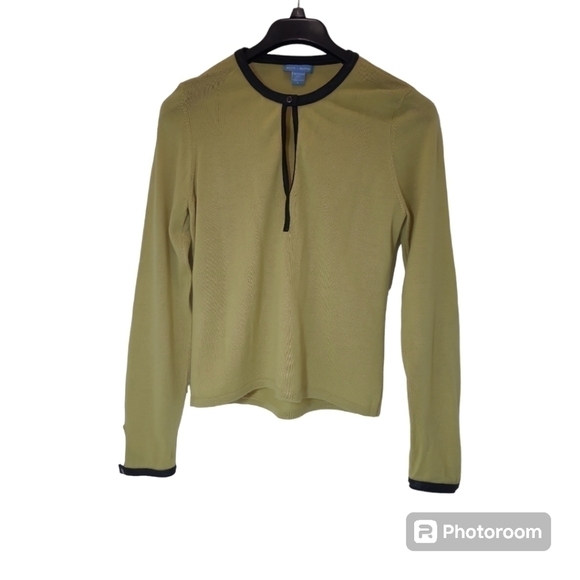 White + Warren Sweaters - White + Warren Merino Wool Lime Green Sweater Black Leather Trim Size Large